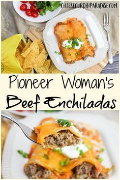 a collage of photos with different types of food on them and the words pioneers woman's beef enchiladas