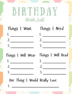 birthday wish list with balloons and confetti in the background, for kids to write