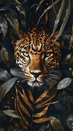 a painting of a leopard surrounded by leaves