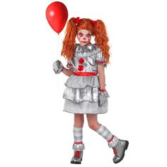 PRICES MAY VARY. This clown costume includes a puffed dress with distressed print fabric and red trims, gloves with ruffle edge and matching stripey legwarmers 4 Sizes available! Our girls clown costume is available in sizes S, M, L and XL. Please refer to our size image for further sizing information Become your Halloween parties' next it girl! This costume is true to the movie character, and is comfortable to wear as it is made with stretchy fabrics and an elasticated waist Founded in 2009 by Creepy Clown Girl Costume, Girls Clown Costume, Cute Clown Costume, Evil Clown Costume, Scary Clown Costume, Clown Halloween Costumes, Scary Kids