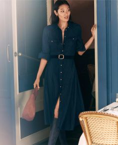 Chambray Belted Midi Shirtdress Navy Blue Work Dress, Dresses For The Office Work Attire, Waist Belt Outfit Dress, How To Dress More Feminine, Button Down Dress Outfit, Ann Taylor Outfits, Shirtdress Styling, Chambray Dress Outfit, Shirtdress Outfit