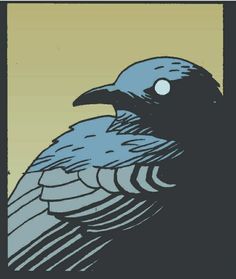 a blue and black bird sitting on top of a wooden table next to a window