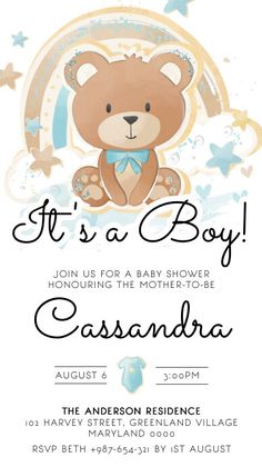 a baby shower is shown with a teddy bear on it's chest and the words, it's a boy