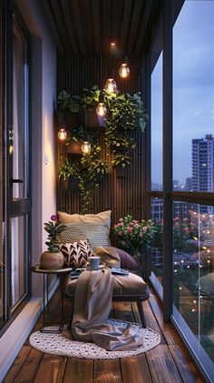 the balcony is decorated with plants, pillows and other things to enjoy in the evening