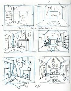 four different views of a living room and kitchen in one drawing, the other sketched