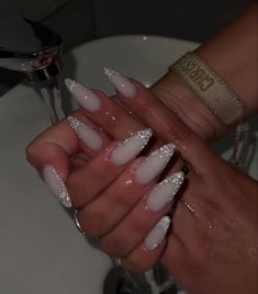 White With Diamonds Acrylic Nails, Glitter White Nails Sparkle, Silver Stripe Nails, White Nails With Glitter French Tip, Silver Nails Inspo Prom, Silver Chrome French Tip Nails Almond, Prom Nails Sparkle, Sparkle Nails Aesthetic, White Nails With Red Glitter