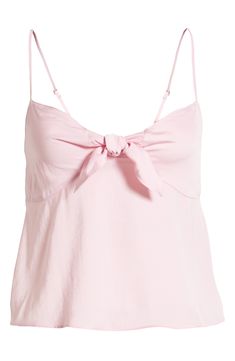 A pretty bow detail at the chest and smocked back shapes this soft cami in lightweight satin that's perfect for your casual looks. 9 1/2" length (size Medium) V-neck Adjustable straps Partially lined 100% polyester Machine wash, tumble dry Imported Women's Clothing Not available for sale and shipment to Germany Feminine Cotton Tank Top With Tie Straps, Casual Tank Top With Bow Straps, Casual Fitted Tops With Bow Straps, Fitted Summer Tank Top With Bow, Summer Tie-back Camisole, Chic Pink Tie Back Top, Chic Pink Top With Tie Back, Chic Vacation Tops With Knotted Straps, Fitted Bow Tank Top For Summer