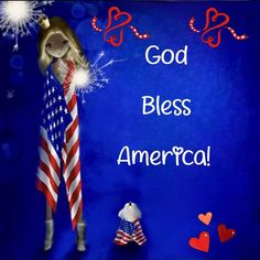 an american girl holding a sparkler with the words god bless america written in red, white and blue