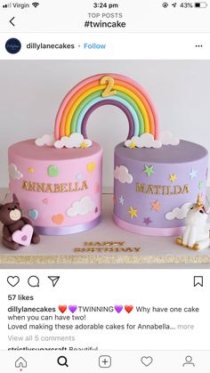 two cakes decorated with rainbows and unicorns on top of a table next to each other