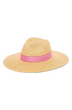 Bring on the sunny vacation days in this chic straw hat with a dramatically wide brim to keep those rays at bay. UPF 50+ sun protection Paper Imported Spring Coastal Boater Hat Made Of Toquilla Straw, Woven Toquilla Straw Sun Hat For Vacation, Woven Sun Panama Hat For Vacation, Vacation Woven Toquilla Straw Sun Hat, Summer Travel Sun Hat Made Of Toquilla Straw, Natural Straw Hat For Vacation Warm Weather, Summer Woven Straw Hat, Vacation Straw Hat With Uv Protection, Vacation Straw Hat With Woven Details