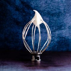 a white bird sitting on top of a metal wire whisk with blue background