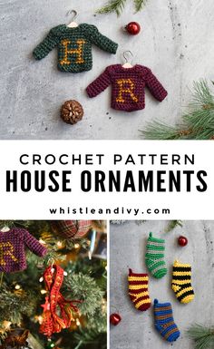 crochet pattern for christmas ornaments with text overlay that says crochet pattern house ornaments