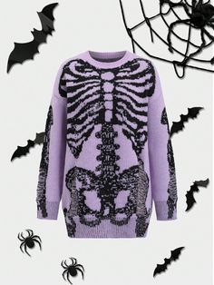 Women Crew Neck Long Sleeve Halloween Skeleton Decor Minimalist Casual Sweater, Daily Wear Top Multicolor Casual  Long Sleeve Fabric Colorblock,Halloween,All Over Print,Textured Pattern Pullovers Medium Stretch Spring/Fall Women Clothing, size features are:Bust: ,Length: ,Sleeve Length: Skeleton Decor, Romper Fall, Skeleton Decorations, Fleece Tights, Grey Colour Suit, Casual Sweater, Halloween Skeleton, Decor Minimalist, Casual Sweaters