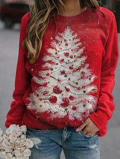 Red Casual Graphic Tops Round Neck Long Sleeve Christmas Tree Printed Sweatshirts Fashion Christmas Tree, Red Christmas Tree, Fashion Christmas, Sweatshirt Outfit, Graphic Tops, Outfits Casual, Mixing Prints, Print Pullover, Womens Fall