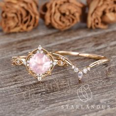 Rose Quartz Bridal Set 2pcs Art Deco Engagement Ring Pink Quartz Stacking Ring Chevron Ring Birthstone Flower Vine Ring Vintage Style Gift * Ring Material: solid 14k gold (can select from rose gold, yellow gold, and also white gold) * Center Stone: Natural Rose Quartz * Center Stone Size: 7mm * Side Stone: Natural Diamonds or Colorless Moissanite, about 0.22ct * Bandwidth: 1.8mm 2-3 WEEKS PROCESSING TIME MADE IN US * Shipping * FREE SHIPPING WITHIN USA! * Certificate * All the items will come wi Rose Quartz And Diamond Engagement Ring, Rose Gold Aesthetic Jewelry, Rose Engagement Ring Vintage, Rose Quartz Engagement Ring, Flower Engagement Ring Set, Engagement Ring Pink, Rose Quartz Ring Engagement, Rose Gold Aesthetic, Pink Wedding Rings