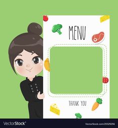 a woman standing next to a menu with vegetables