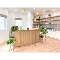 the inside of a store with wooden shelves and potted plants