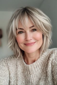 3. Ash Blonde Short Shag with Piecey Bangs (Hairstyles For Women Over 50 With Bangs) - Hairstyles For Women Over 50 With Bangs Short Gray Hair With Bangs, Shaggy Bob For Fine Hair Choppy Hairstyles Over 50, Wash And Wear Shag Haircut, Blonde Short Shag, Medium Hair Styles With Bangs, Style Front Bangs, Short Shag Hair, Elegant Messy Bun, Short Shag With Bangs