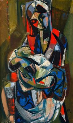 an abstract painting of a woman holding a baby in her arms and looking at the viewer