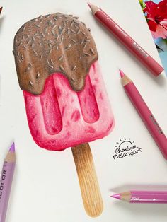 a drawing of an ice cream cone with chocolate sprinkles and crayons