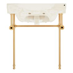 a white and gold toilet seat on a stand with two arms, one arm extended to the