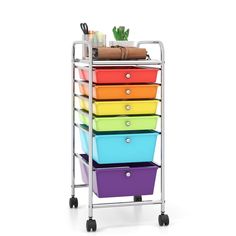 a multicolored rolling cart with five drawers