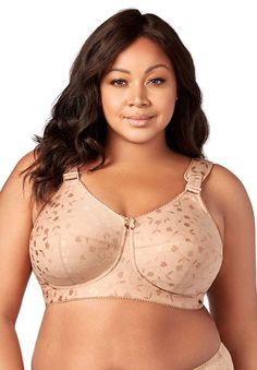 This beautiful wireless bra was built to improve your silhouette and shape, while still offering firm support. Floating shoulder pads on the straps relieve shoulder stress and help prevent dig in. Adjustable strapsCup sling Nylon/poly; back band: nylon/spandex  | Plus Size Women's Jacquard Softcup Bra by Elila in Mocha (Size 44 J) Amazon Furniture, Large Bras, Pretty Bras, Soft Cup Bra, Comfortable Bras, Womens Scrubs, Full Coverage Bra, Cup Sizes, Swimsuits For All