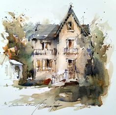 a watercolor painting of an old house with balconies