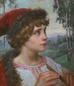 an oil painting of a woman with a red hat and dress holding a pipe in her hand