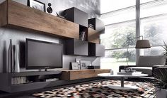 a modern living room with an entertainment center