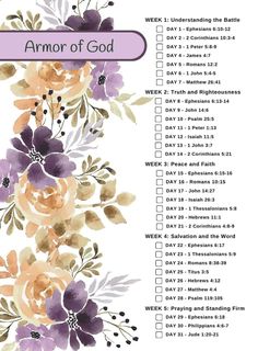 the armor of god printable checklist with flowers in purple and orange on white