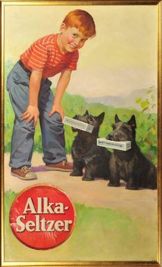 a painting of a young boy playing with two dogs in front of a sign that says alka - seltzer