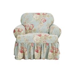 a blue chair with floral print and ruffled skirting on the armrests