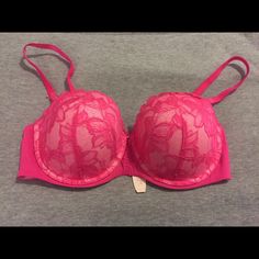 Brand New Hot Pink Lace Push-Up Bra. In Perfect Condition And The Lace And Bow Detail Is Beautiful. Bras And Panties, Bow Detail, Pink Lace, Push Up Bra, Victoria's Secret Pink, Secret Pink, Women's Intimates, Victoria’s Secret, Push Up