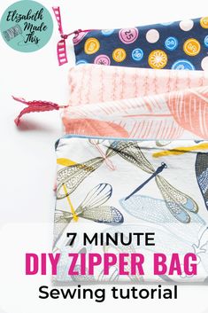 three zipper bags with the text, 7 minute diy zipper bag sewing tutorial