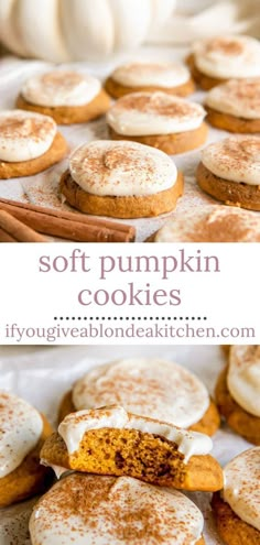 soft pumpkin cookies with white frosting and cinnamon sprinkles are on display