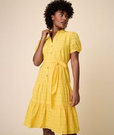 Cotton Eyelet Short Sleeve Augusta Dress Solid Yellow | UNTUCKit Wrap Shirt Dress, Button Shirt Dress, Eyelet Shorts, Eyelet Fabric, Fun Dress, Belted Shirt Dress, Dress Shirts For Women, Dress Size Chart, Dress Size Chart Women