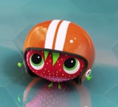 an orange and white stuffed animal wearing a helmet on top of a blue surface with he's eyes wide open