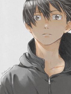 a drawing of a man with black hair and eyes looking at the camera while wearing a hoodie