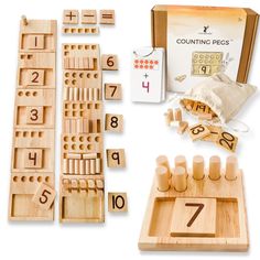 the wooden counting set is next to its contents