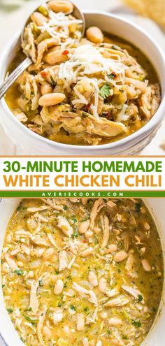 Look forward to a hearty dinner! Healthy and loaded with bold flavor, this Easy 30-Minute Homemade White Chicken Chili is one of the best soup ideas you'll ever try. Save this white bean chicken chili recipe and enjoy this simple comfort food! Healthy White Chicken Chili Stove Top, Crock Pot Chicken Chili Recipes, White Chicken Chili Stove Top Easy, Stove Top White Chicken Chili, Homemade White Chicken Chili, Best White Chicken Chili Recipe, White Bean Chicken Chili, White Bean Chili, Averie Cooks