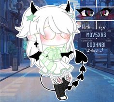 an anime character with white hair and black horns on her head is walking down the street