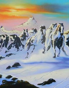 an oil painting of snow covered mountains at sunset