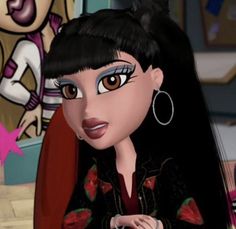 an animated image of a woman with long black hair and large earrings on her head