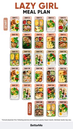 the lazy girl meal plan is shown in red and white, with different foods on it