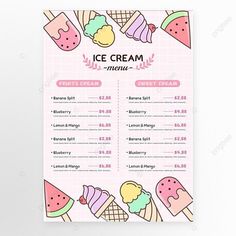 a pink ice cream shop menu