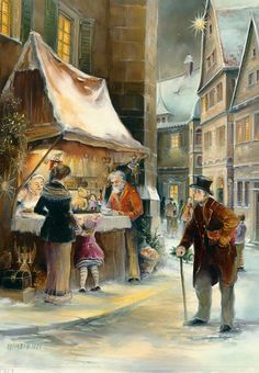 a painting of an old man selling food to his family in the snow outside their home