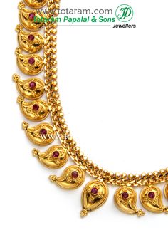 22 Karat Gold 'Mango' Mala with Stones
   - 235-GN518 - in 45.450 Grams for USD $3558.19. 
Made in India by Totaram Jewelers Online this product is in Gold - 22 Karat BIS Hallmark 916 KDM Gold  & is an excellent gift for Adult - Women. Ships fully insured with secured guaranteed delivery for free with your order over $250 from New Jersey USA & comes with 30 days exchange policy. Red Temple Jewelry Necklaces For Formal Occasions, Elegant Red Temple Necklace For Festivals, Traditional Red Necklaces For Anniversary, Traditional Red Temple Necklace For Formal Occasions, Red Necklace For Formal Festivities, Elegant Red Temple Necklace For Formal Occasions, Formal Ruby Necklaces For Festivals, Formal Ruby Necklace For Festivals, Mango Mala Designs