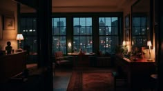 a dimly lit living room with large windows