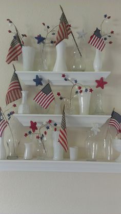 american flags and vases are displayed on shelves